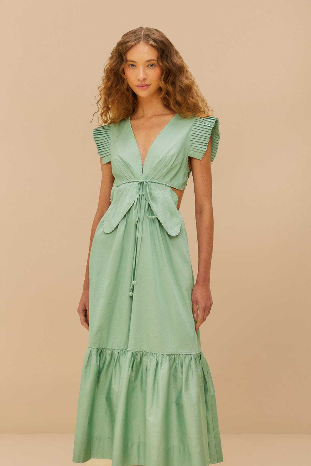 Damen Maxikleid mit hoch geschnittenen Rüschenärmeln und verstellbarem Taillenbund Drune