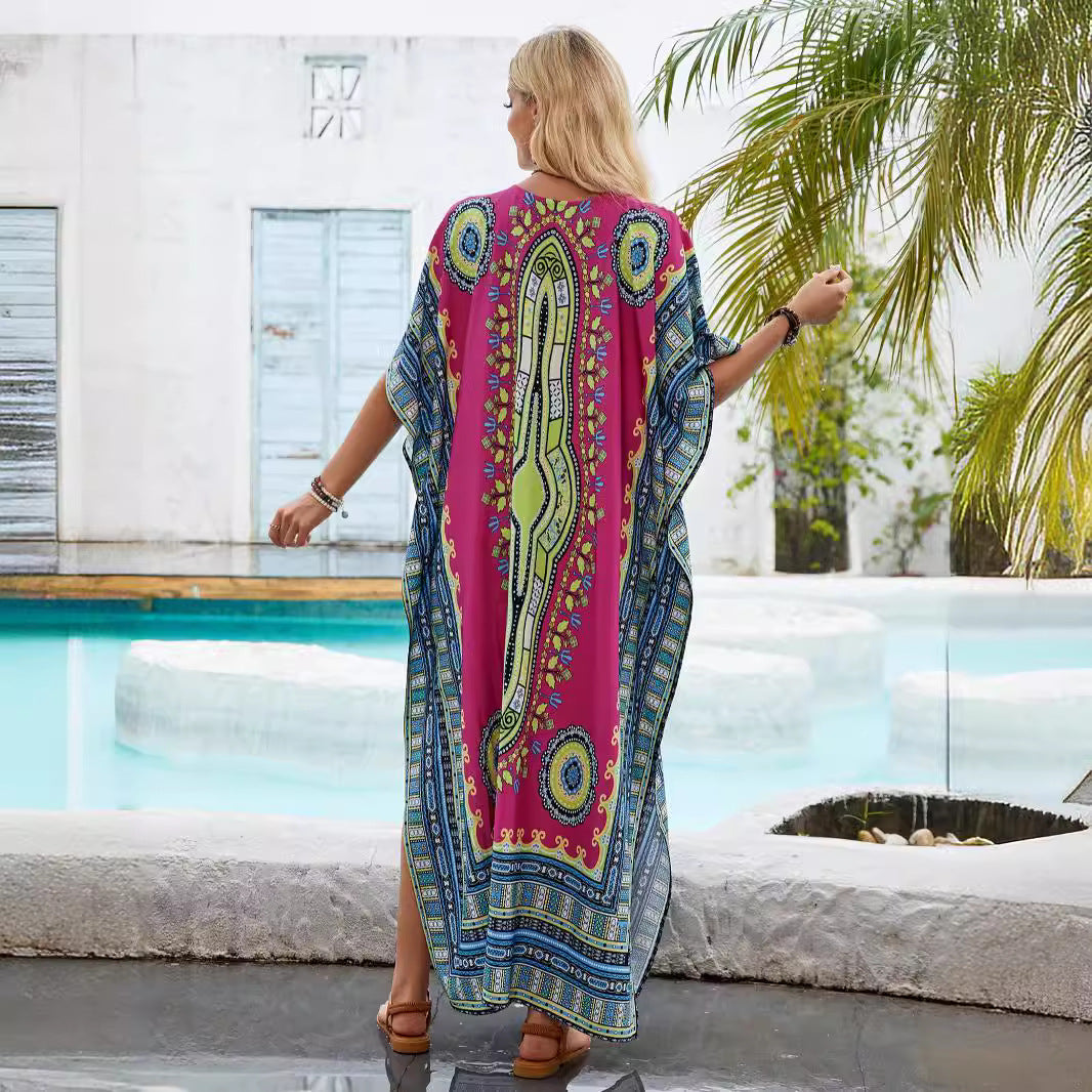 Damen Kaftan mit buntem ethnischen Muster und seitlichem Schlitz Drune