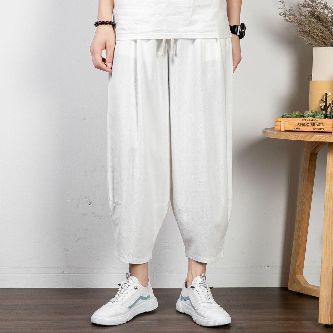 Herren Lässige Cropped Haremshose aus Baumwollmix mit Tunnelzug und gerippten Knöchelbündchen Drune