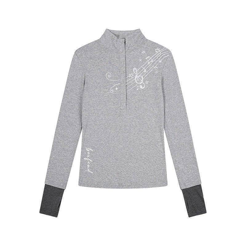 Damen Langarm-Poloshirt mit Stehkragen, Knopfleiste und Noten-Print Drune