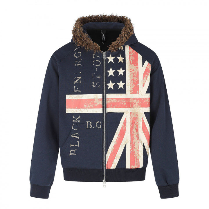 Herren Kapuzenjacke mit Vintage‑Flaggenprint, Kunstfellkapuze und Zweiwege‑Reißverschluss Drune