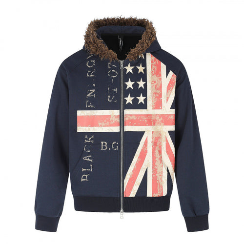 Herren Kapuzenjacke mit Vintage‑Flaggenprint, Kunstfellkapuze und Zweiwege‑Reißverschluss Drune