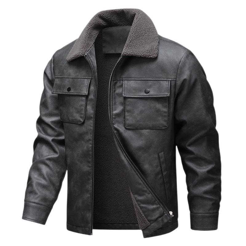 Herren Vintage-inspirierte Kunstlederjacke mit Teddyfutter und Hemdkragen Drune