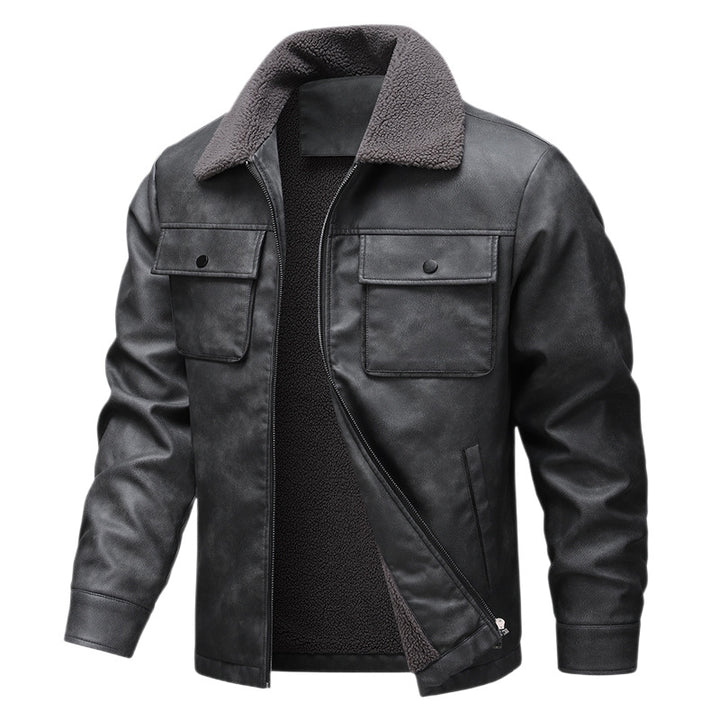 Herren Vintage-inspirierte Kunstlederjacke mit Teddyfutter und Hemdkragen Drune