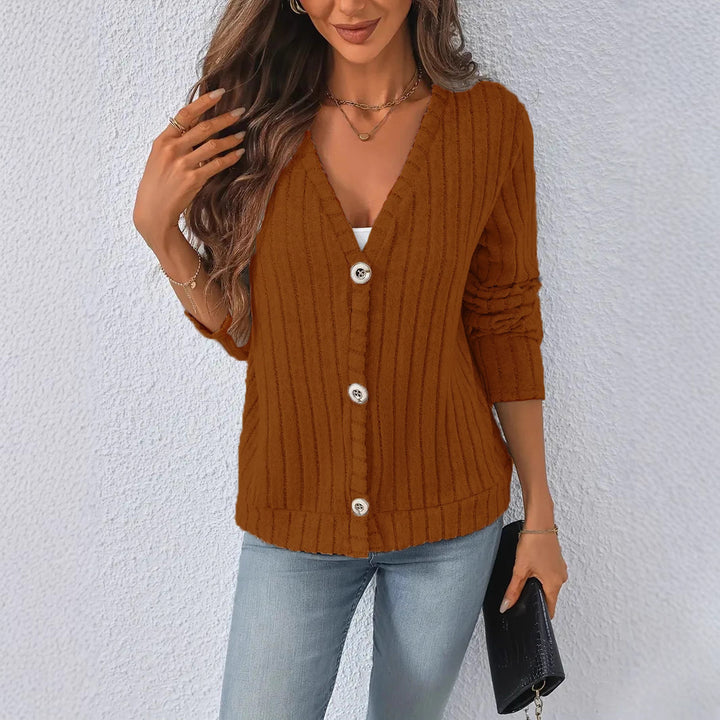 Damen nan gerippter V-Ausschnitt Strickcardigan mit dekorativen Knöpfen, leicht überschnittener Schulter und kastigem Saum Drune
