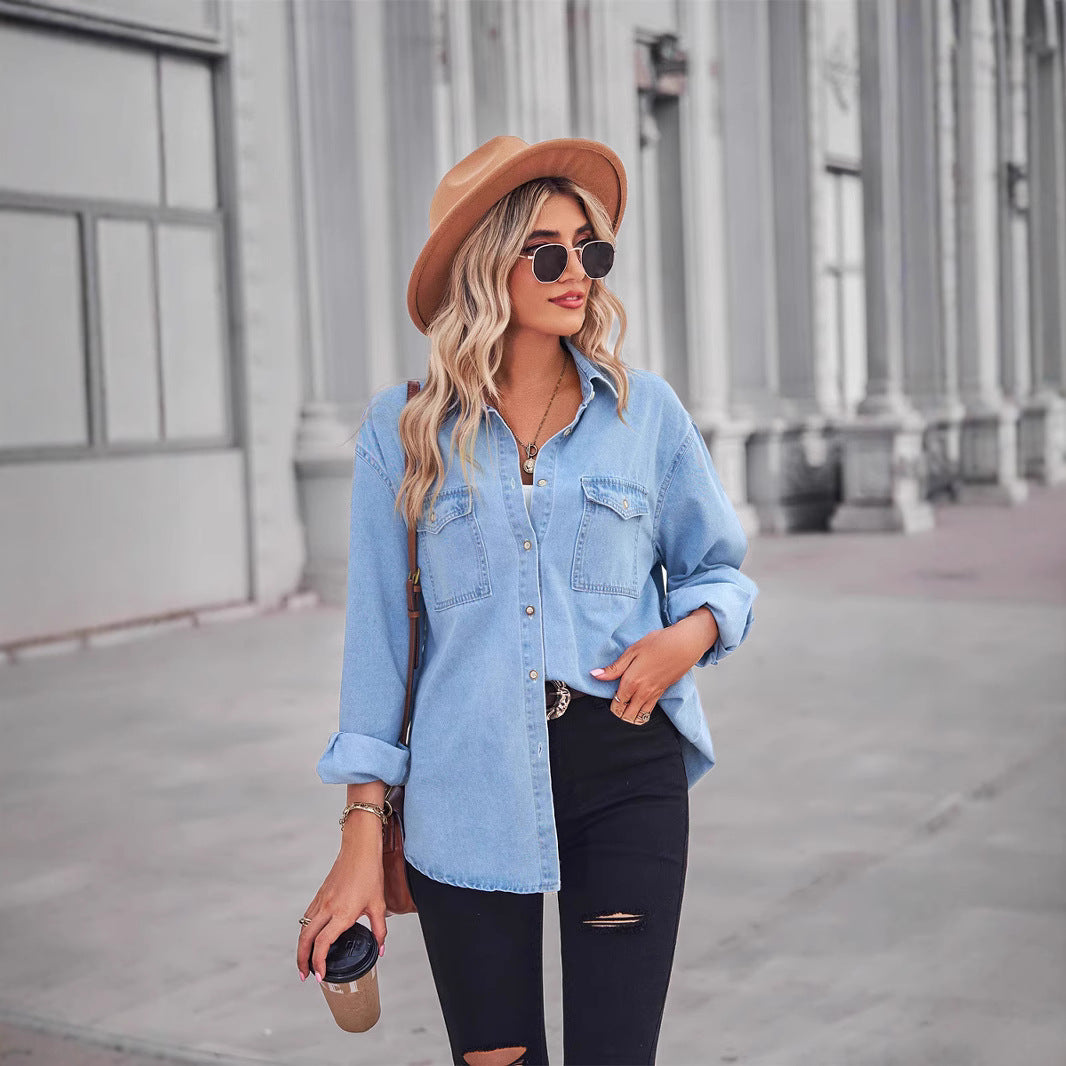 Damen Lässige Denim-Hemdbluse mit Brusttaschen Drune