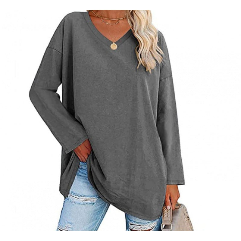 Damen Lässiges V-Ausschnitt Sweatshirt mit langen Ärmeln und asymmetrischem Saum Drune
