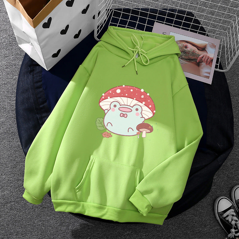 Damen nan weicher Oversize-Kapuzenpullover mit kawaii Pilzfrosch-Print, Kängurutasche und gerippten Bündchen Drune
