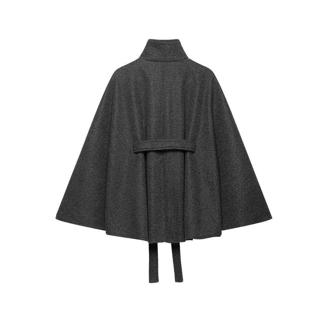 Damen Wollcape-Mantel mit Stehkragen, Knopfverschluss und Bindegürtel Drune
