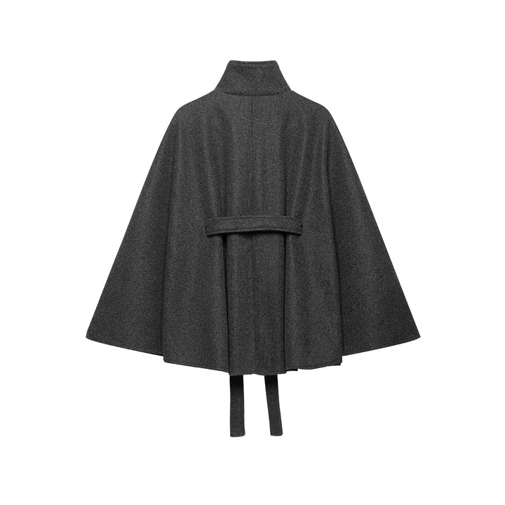 Damen Wollcape-Mantel mit Stehkragen, Knopfverschluss und Bindegürtel Drune