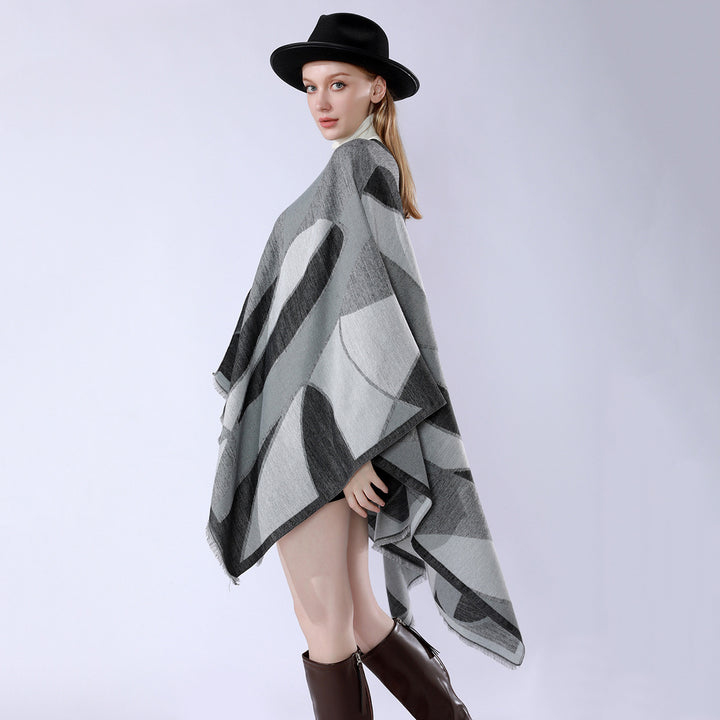Damen Oversize-Poncho mit V-Ausschnitt und geometrischem Jacquard-Design Drune