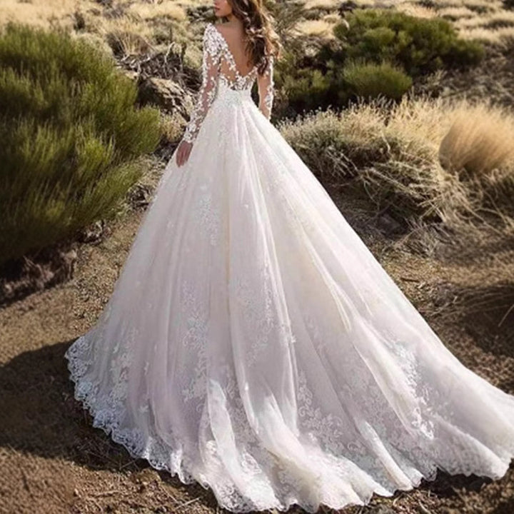 Damen Elegantes Spitzen-Abendkleid mit tiefem V-Ausschnitt und langen Ärmeln Drune