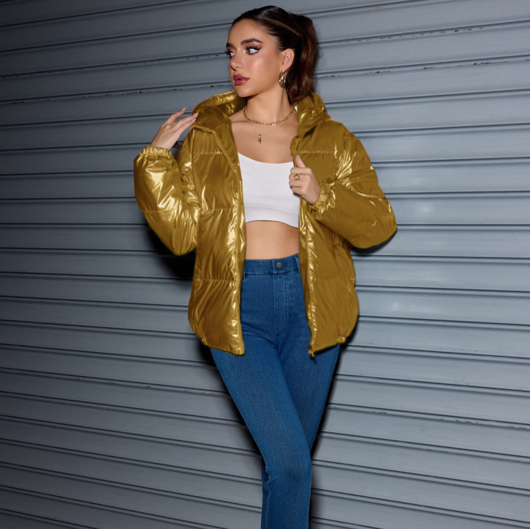 Damen Glänzende Oversize-Steppjacke mit Kapuze & elastischen Bündchen Drune