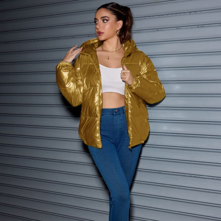 Damen Glänzende Oversize-Steppjacke mit Kapuze & elastischen Bündchen Drune