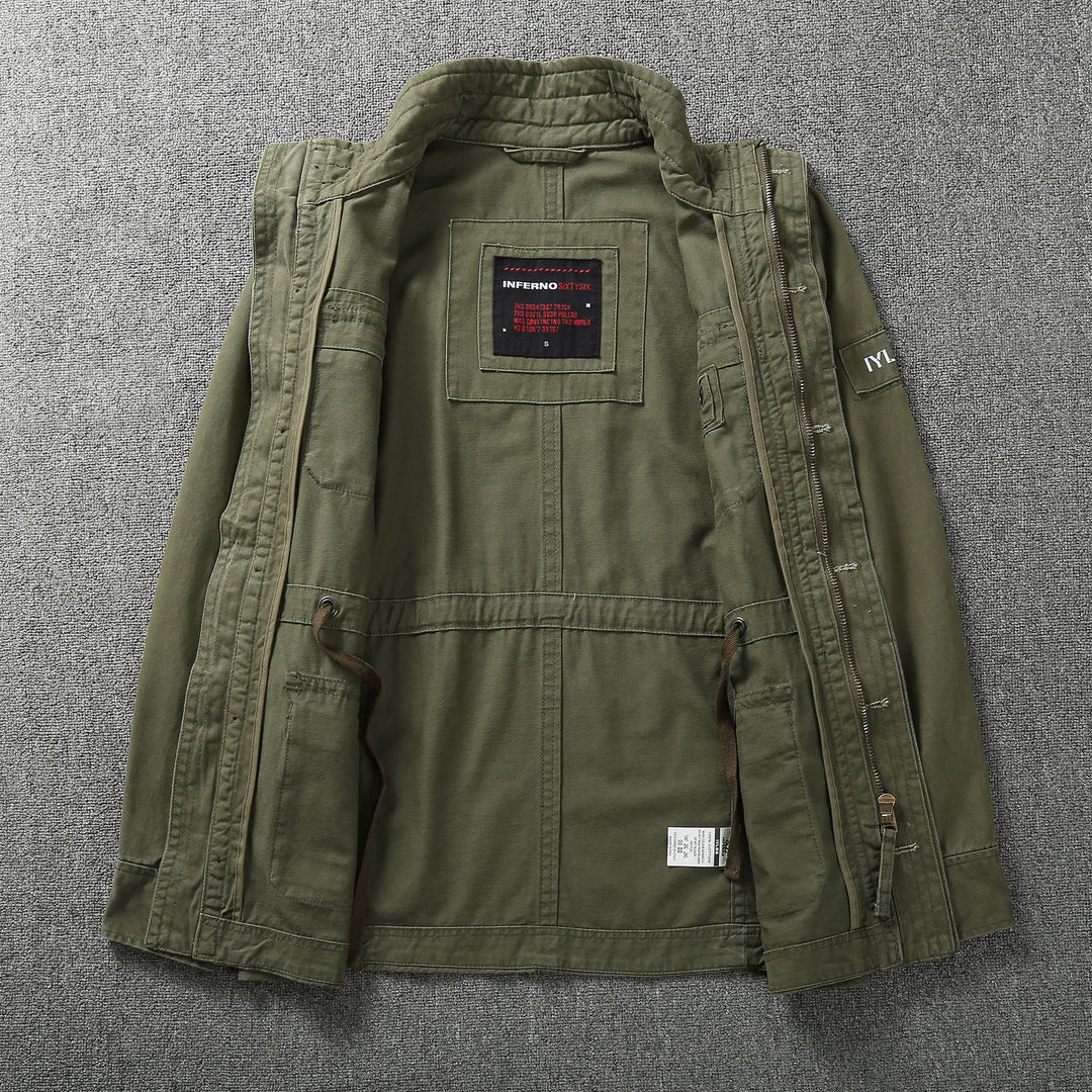 Herren Militärische Feldjacke aus Baumwoll-Mix mit Stehkragen und Multifunktionstaschen Drune