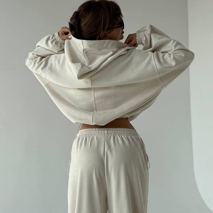 Damen Velours-Cropped-Kapuzenjacke mit Ballonärmeln und weiter Palazzo-Sweathose Drune