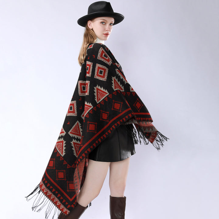 Damen Zweilagiger Kapuzen-Überwurf mit asymmetrischem Fransensaum und geometrischem Jacquard Drune