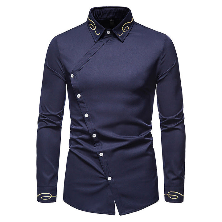 Herren Elegantes Langarmhemd mit asymmetrischem Knopfdesign und gesticktem Kragen Drune