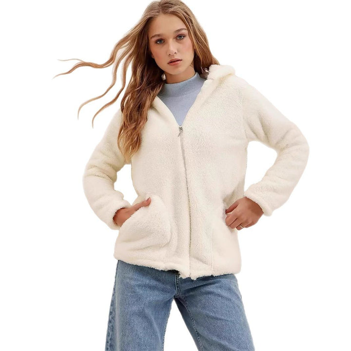Damen kuschelige Fleecejacke mit Kapuze und Doppelreißverschluss Drune