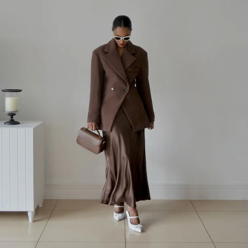 Damen 400+ langer Wollmix‑Blazer mit markanten Schultern und Hemdkragen Drune