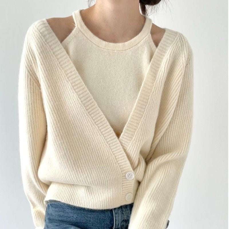 Damen raffinierte Strickjacke mit tiefem V-Ausschnitt und Knopfverschluss Drune