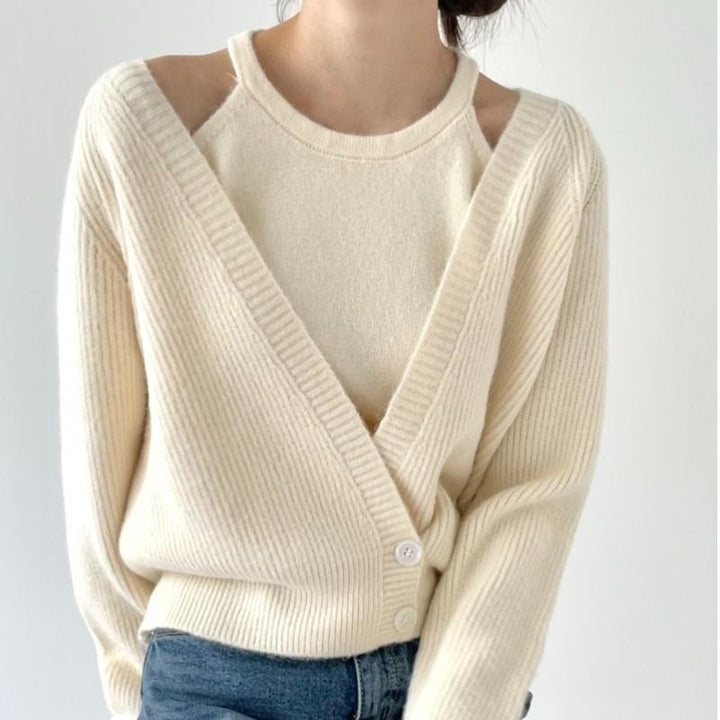 Damen raffinierte Strickjacke mit tiefem V-Ausschnitt und Knopfverschluss Drune