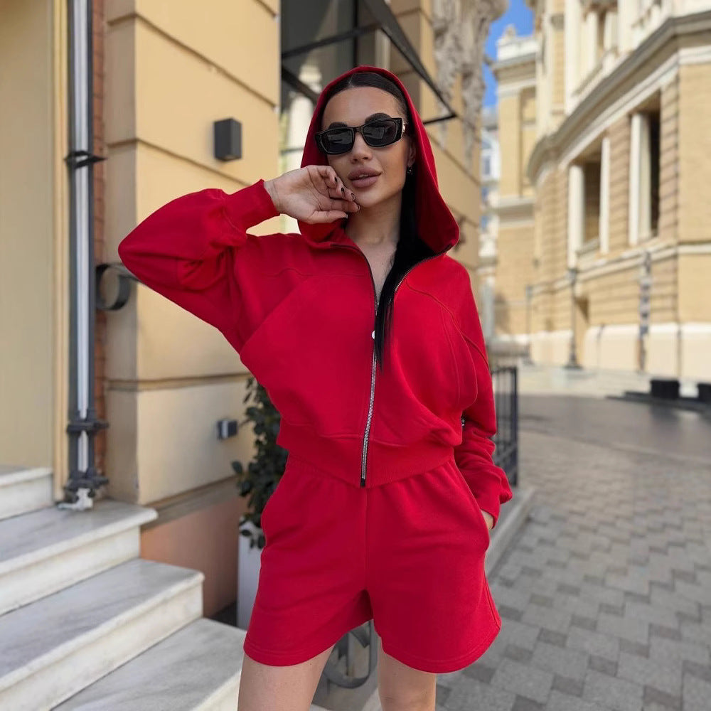 Damen trendy Kapuzenjacke und Shorts Set Drune