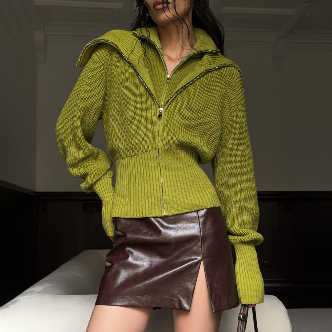 Damen Stylishe Strickjacke mit hohem Kragen und Reißverschluss Drune