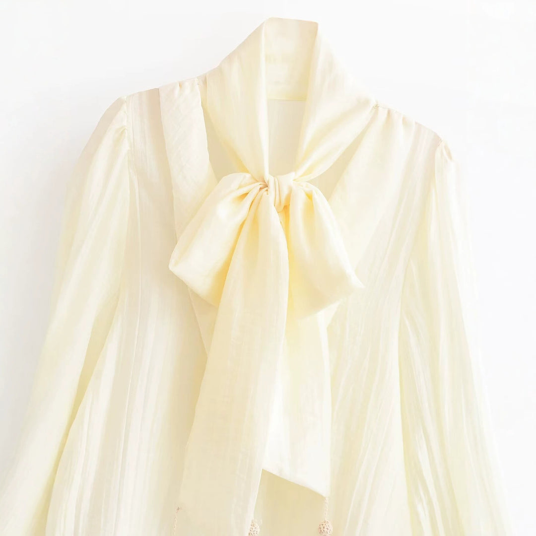 Damen Elegante Schluppenbluse mit plissierten Ballonärmeln und Zierkordel Drune