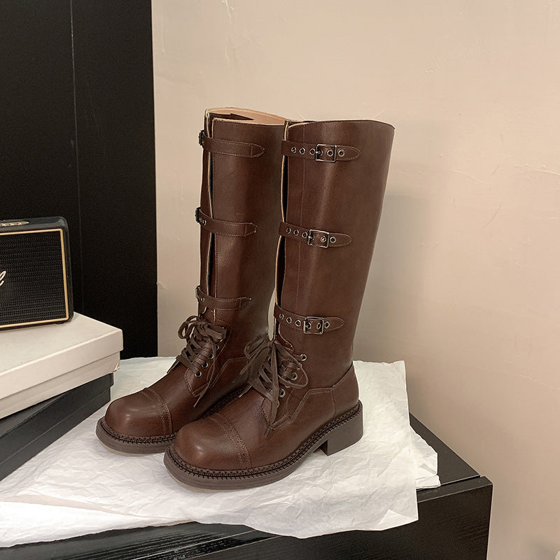 Damen kniehohe Schnürstiefel mit Zier- und Verstellschnallen Drune