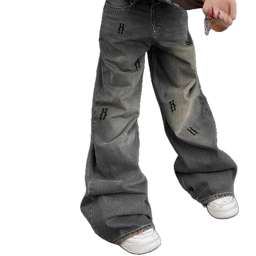 Damen High‑Waist Straight‑Leg Jeans mit dekorativen Mini‑Stickereien und Used‑Effekt Drune