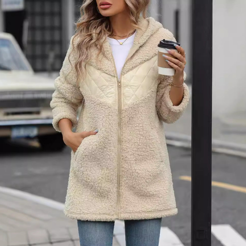 Damen Plüschige Kapuzenjacke mit Diamantsteppung und seitlichen Eingrifftaschen Drune