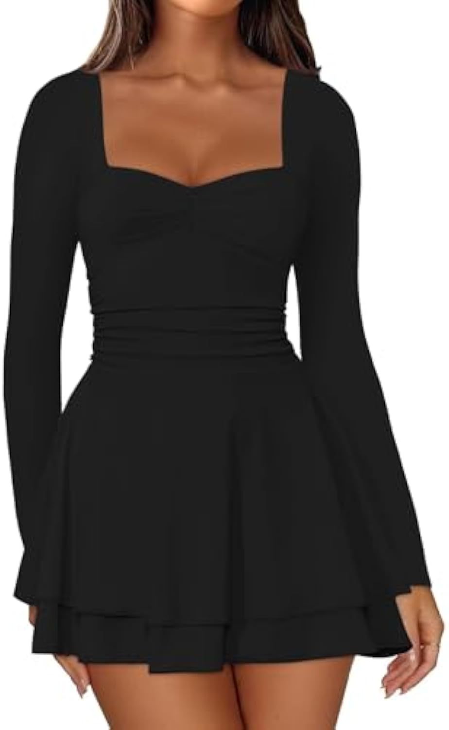Damen Langarm-Minikleid mit quadratischem Ausschnitt, taillierter Raffung und zweilagigem Volantrock Drune