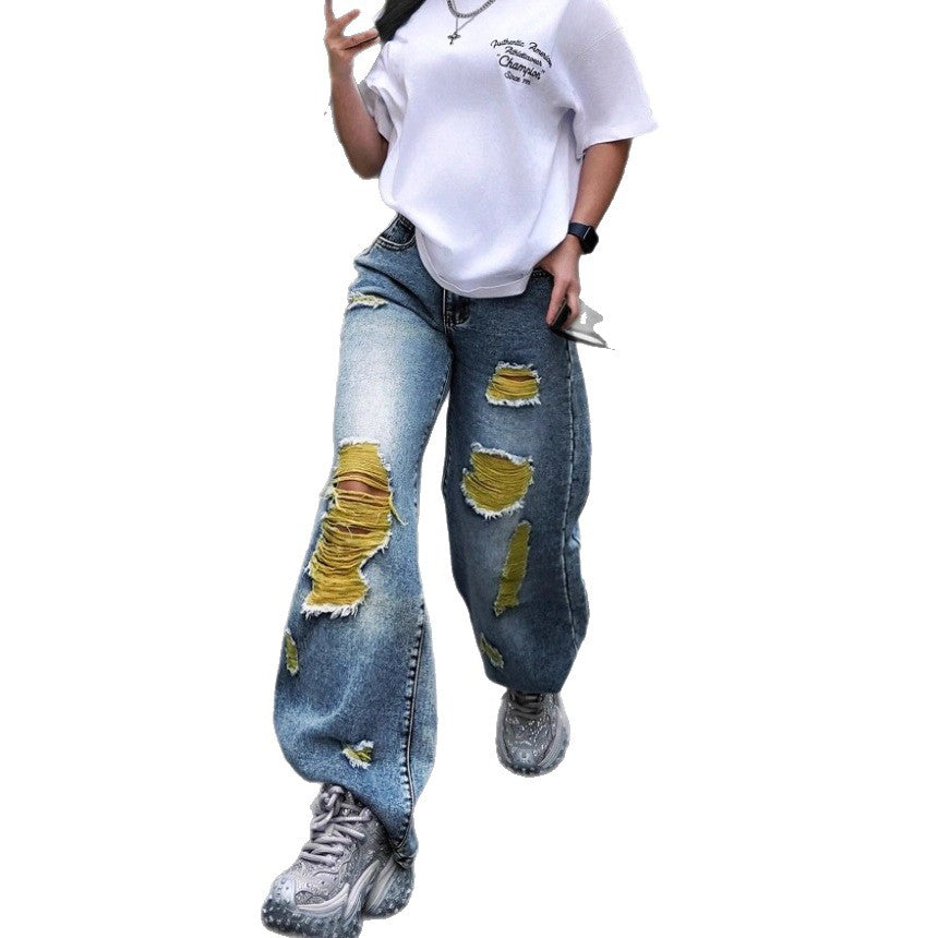 Damen weite High-Waist Jeanshose mit Destroyed-Details und kontrastierendem Unterfutter Drune