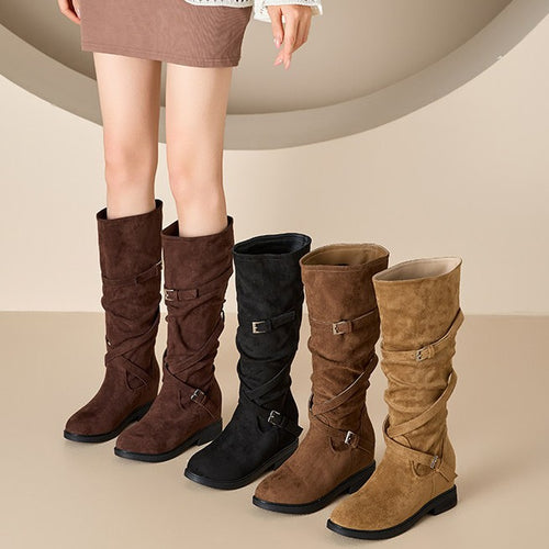 Damen Modische Overknee-Stiefel mit Schnallen-Detail Drune