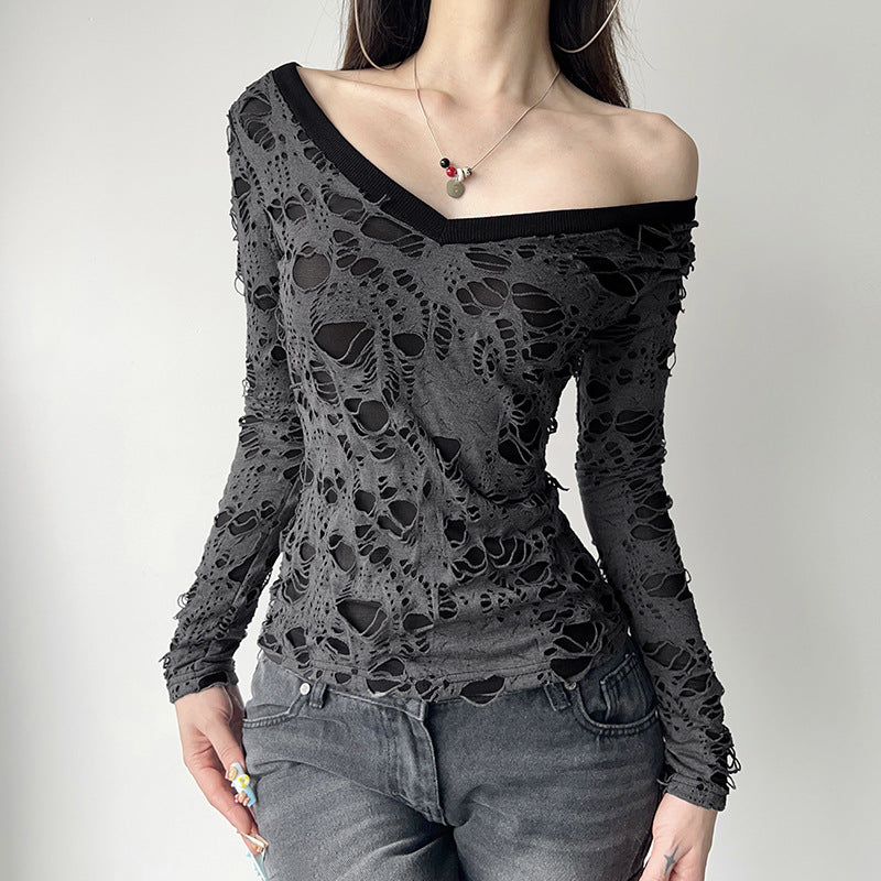 Damen nan transparentes Distressed-Spitzenshirt mit V-Ausschnitt, langärmeligem Layer-Look und innenliegendem Cami Drune