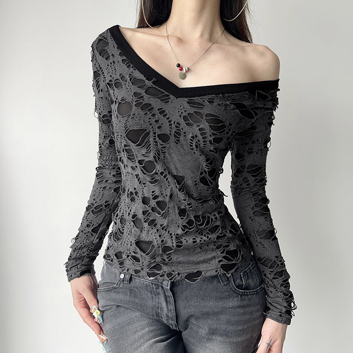 Damen nan transparentes Distressed-Spitzenshirt mit V-Ausschnitt, langärmeligem Layer-Look und innenliegendem Cami Drune
