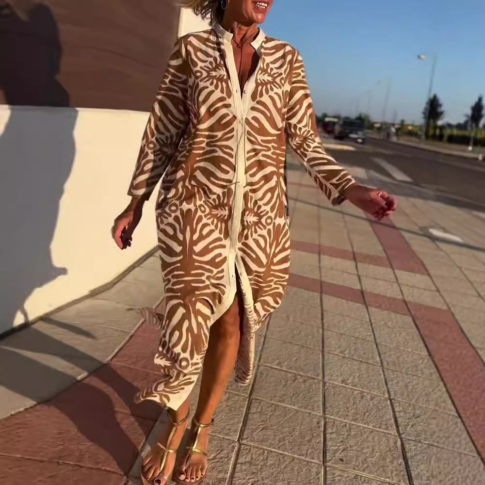 Damen nan langes Hemdblusenkleid mit Stehkragen, verdeckter Knopfleiste und seitlichem Schlitz Drune