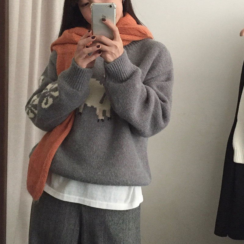 Damen kuscheliger Strickpullover mit aufwendigem Tiermotiv Drune