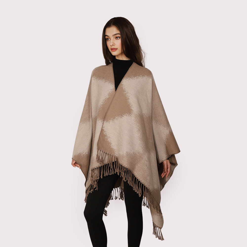 Damen Kaschmiroptik-Cape im Kimono-Schnitt mit feinem Fransensaum Drune