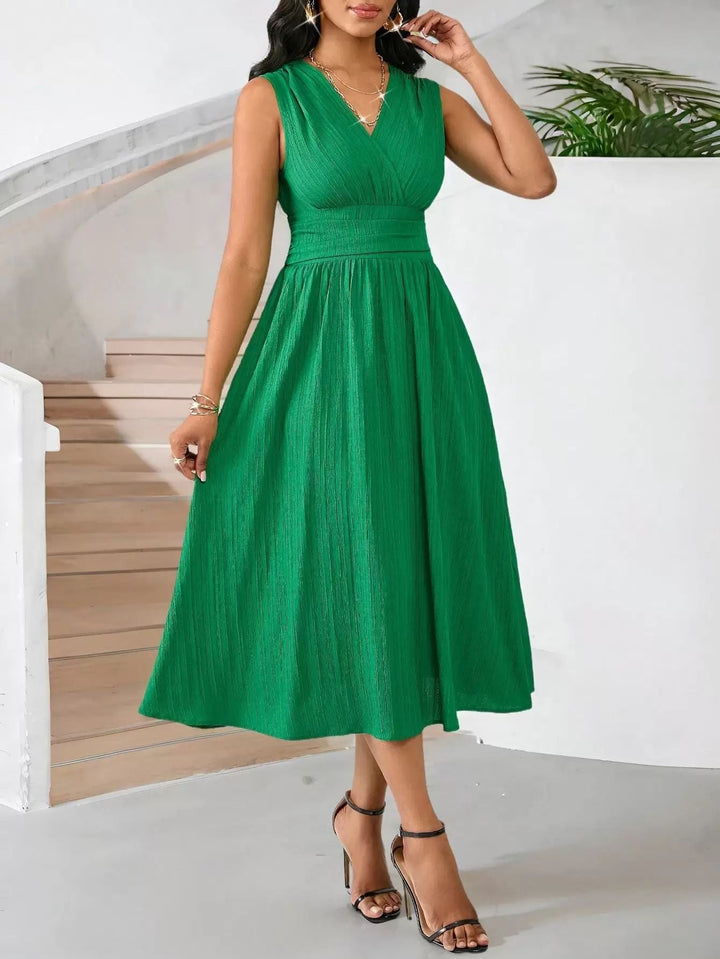 Damen Elegantes Midikleid mit V-Ausschnitt und fließendem Rock Drune