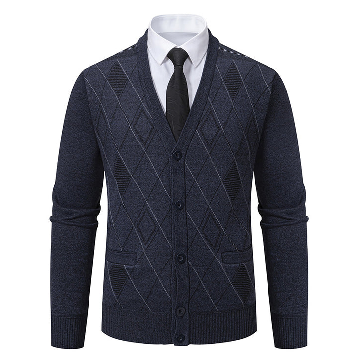 Herren nan feiner Rauten-Strickcardigan mit V-Ausschnitt, Knopfleiste und Eingriffstaschen Drune