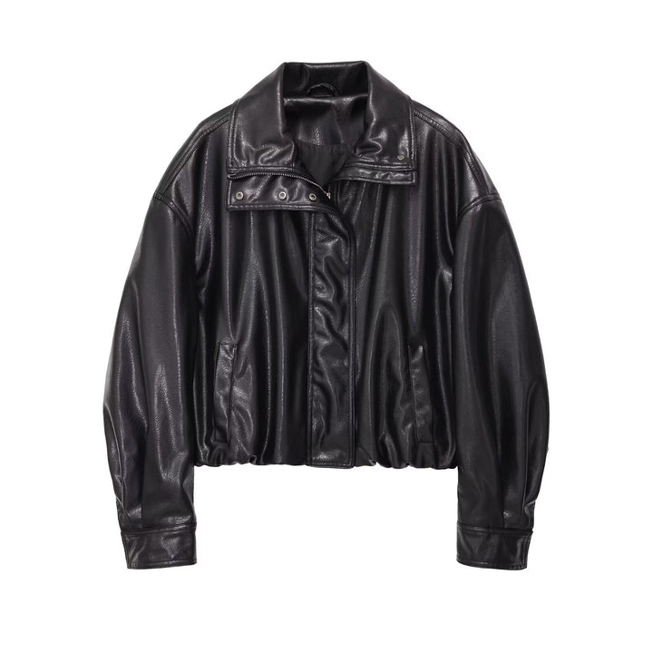 Damen Cropped-Blouson im Bomberstil aus veganer Glattlederoptik mit hohem Stehkragen Drune