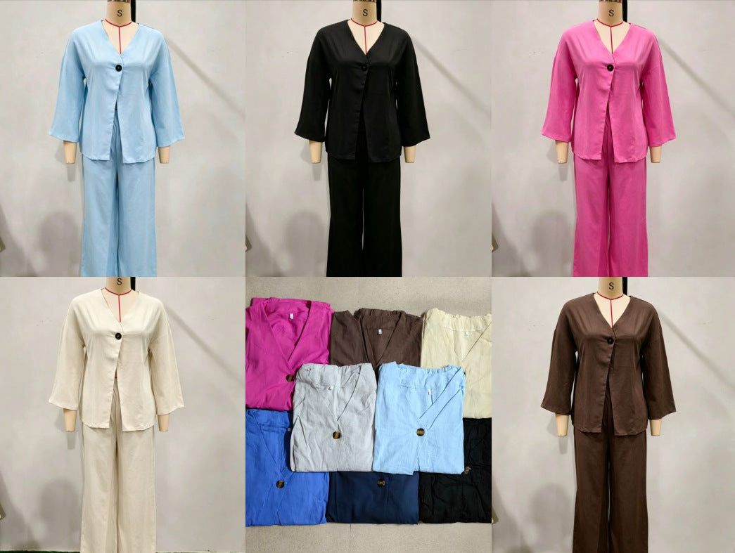 Damen nan lockeres Leinenoptik-Zweiteiler mit Kimono-Blazer und weitem Palazzo-Hose Drune