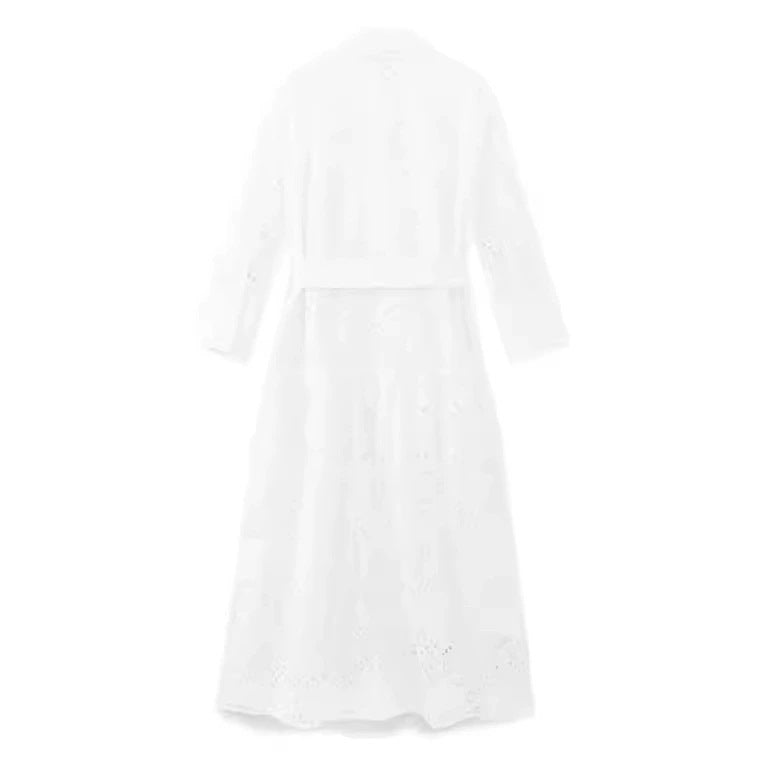 Damen nan langes Hemdkleid mit Lochstickerei, Hemdkragen und Bindegürtel Drune
