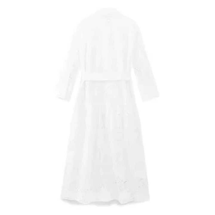 Damen nan langes Hemdkleid mit Lochstickerei, Hemdkragen und Bindegürtel Drune