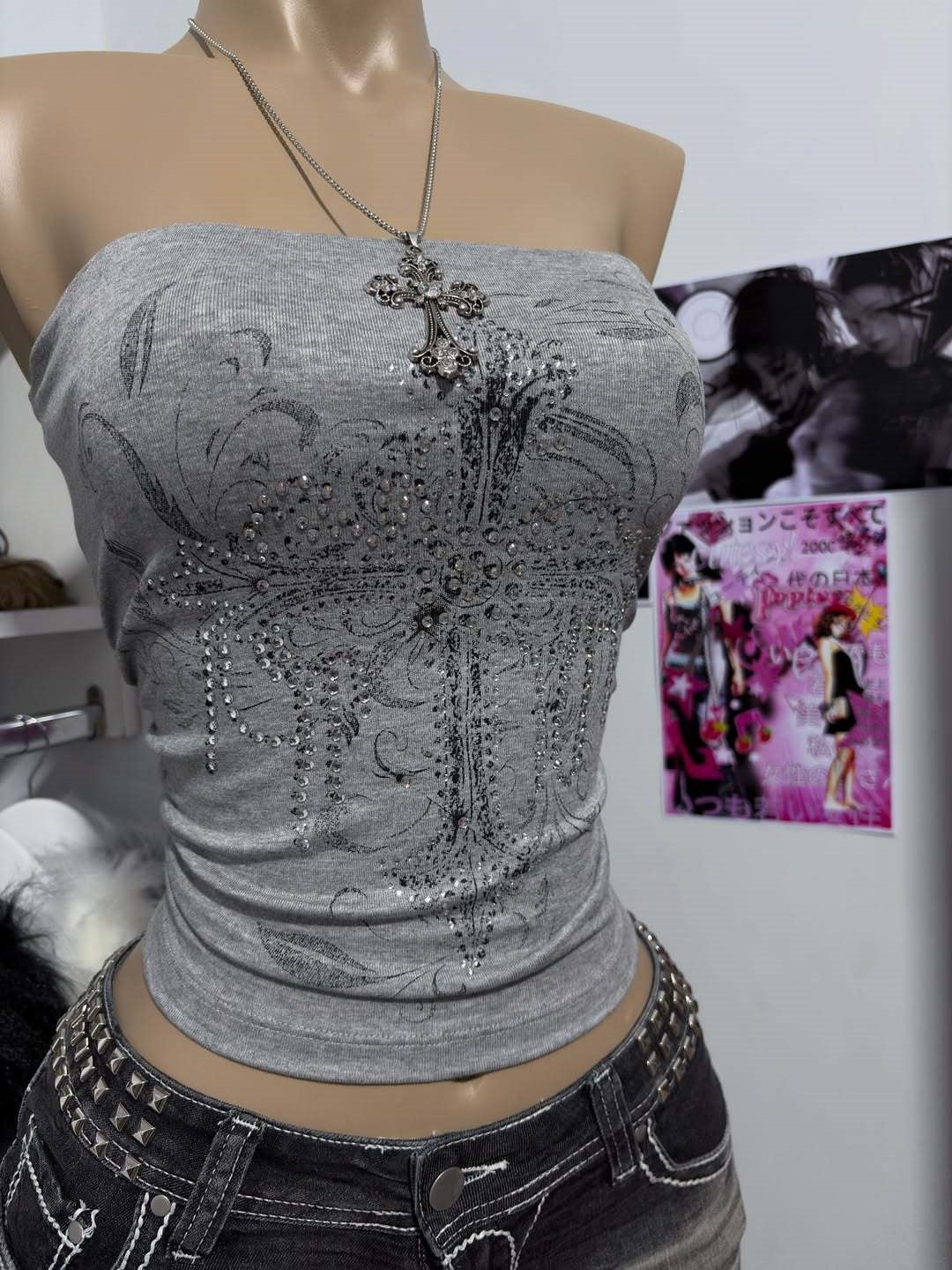 Damen schulterfreies Top mit eleganter Strass-Verzierung Drune