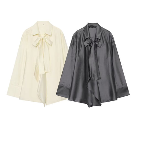 Damen Oversize-Seidenoptik-Bluse mit Schleifenkragen und asymmetrischem Saum Drune