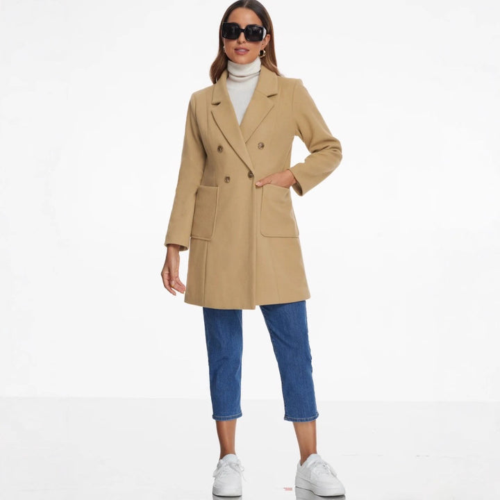 Damen eleganter Mantel mit doppelter Knopfreihe und seitlichen Taschen Drune