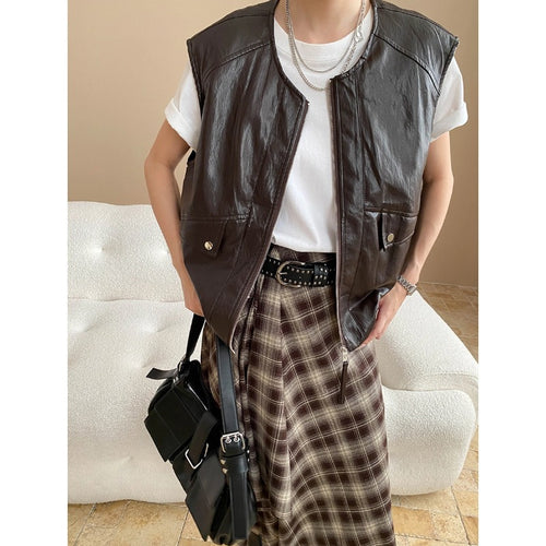 Damen lässige Lederweste mit praktischen Taschen und minimalistischen Details Drune